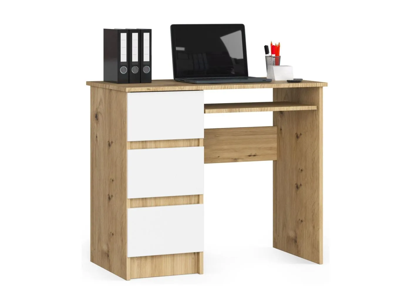 PC-Schreibtisch AKORD A6 links in der Farbe Eiche Artisan mit 3 Schubladen Front Weiß und 1 Ablagen B90 x H77 x T50 cm