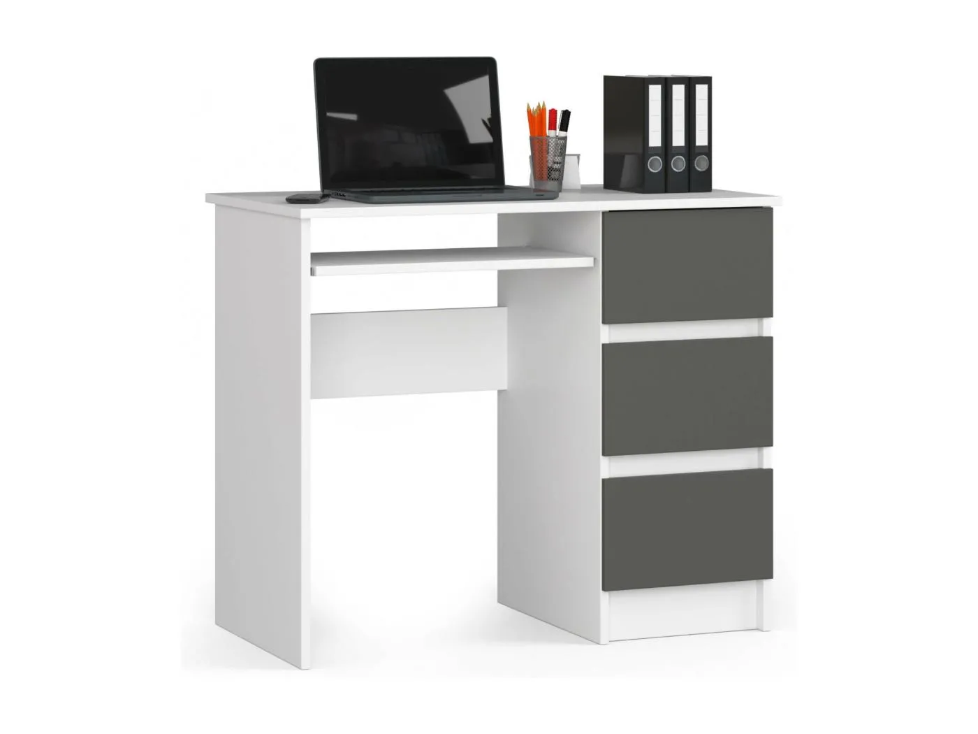 PC-Schreibtisch AKORD A6 rechts in der Farbe Weiß mit 3 Schubladen Front Graphitgrau und 1 Ablagen B90 x H77 x T50 cm