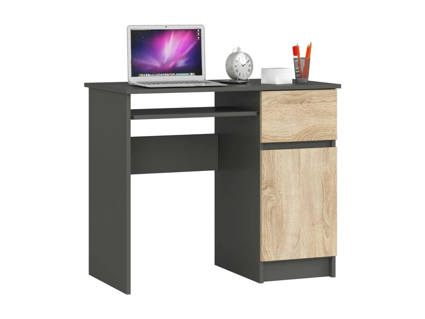 PC-Schreibtisch AKORD PIKSEL rechts in der Farbe Graphitgrau Schublade Front Sonoma-Eiche und 3 Ablagen B90 x H77 x T50 cm