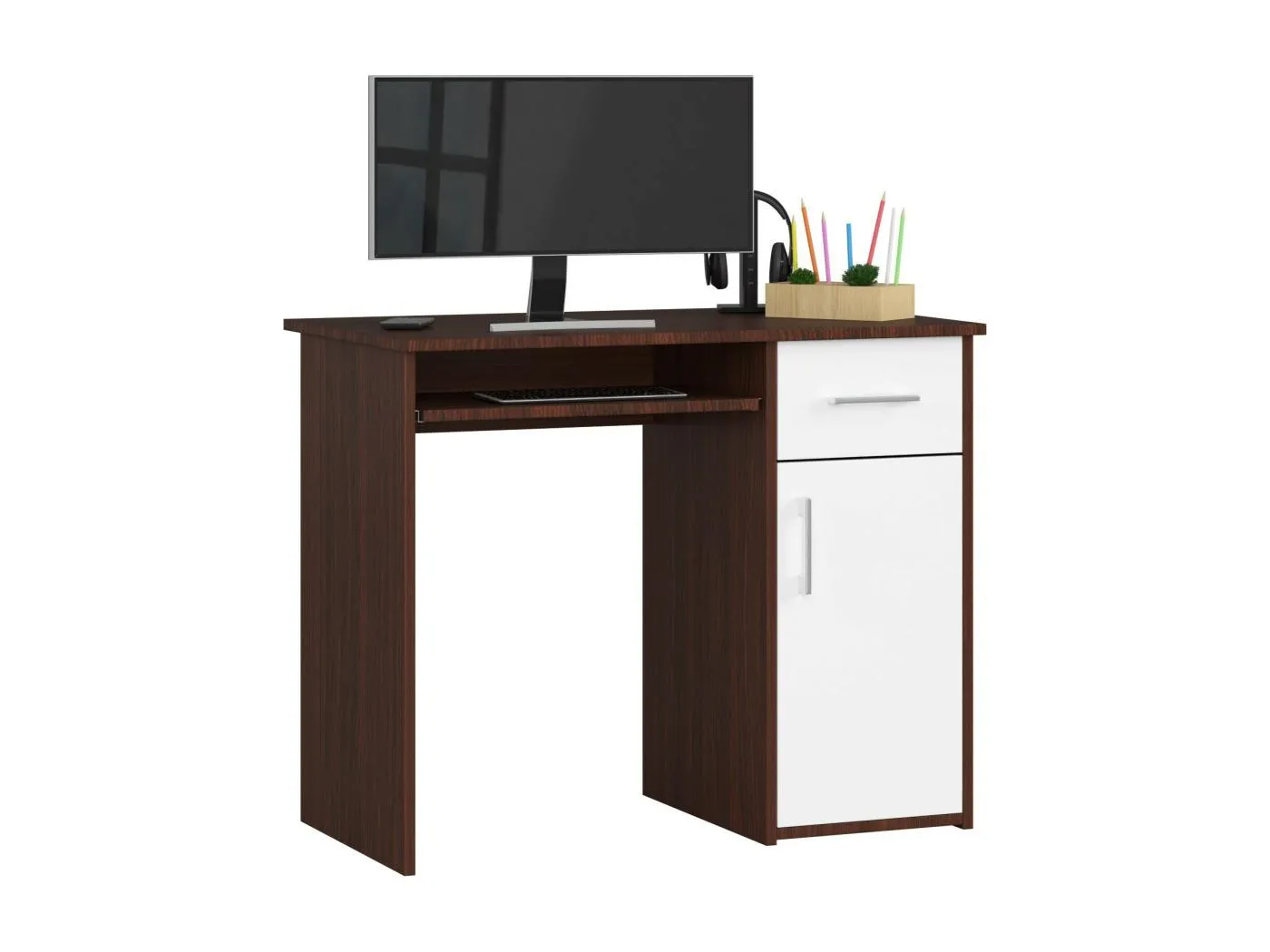 PC-Schreibtisch AKORD PIN in der Farbe Wenge Schublade Front Weiß und 3 Ablagen B90 x H74 x T50 cm