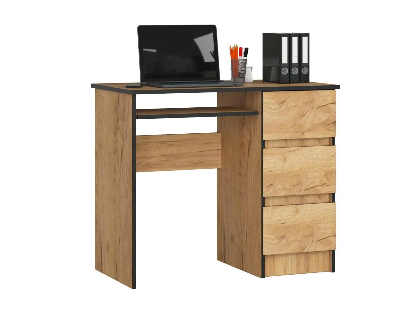 PC-Schreibtisch AKORD A6 rechts in der Farbe Eiche Craft mit 3 Schubladen und 1 Ablagen B90 x H77 x T50 cm