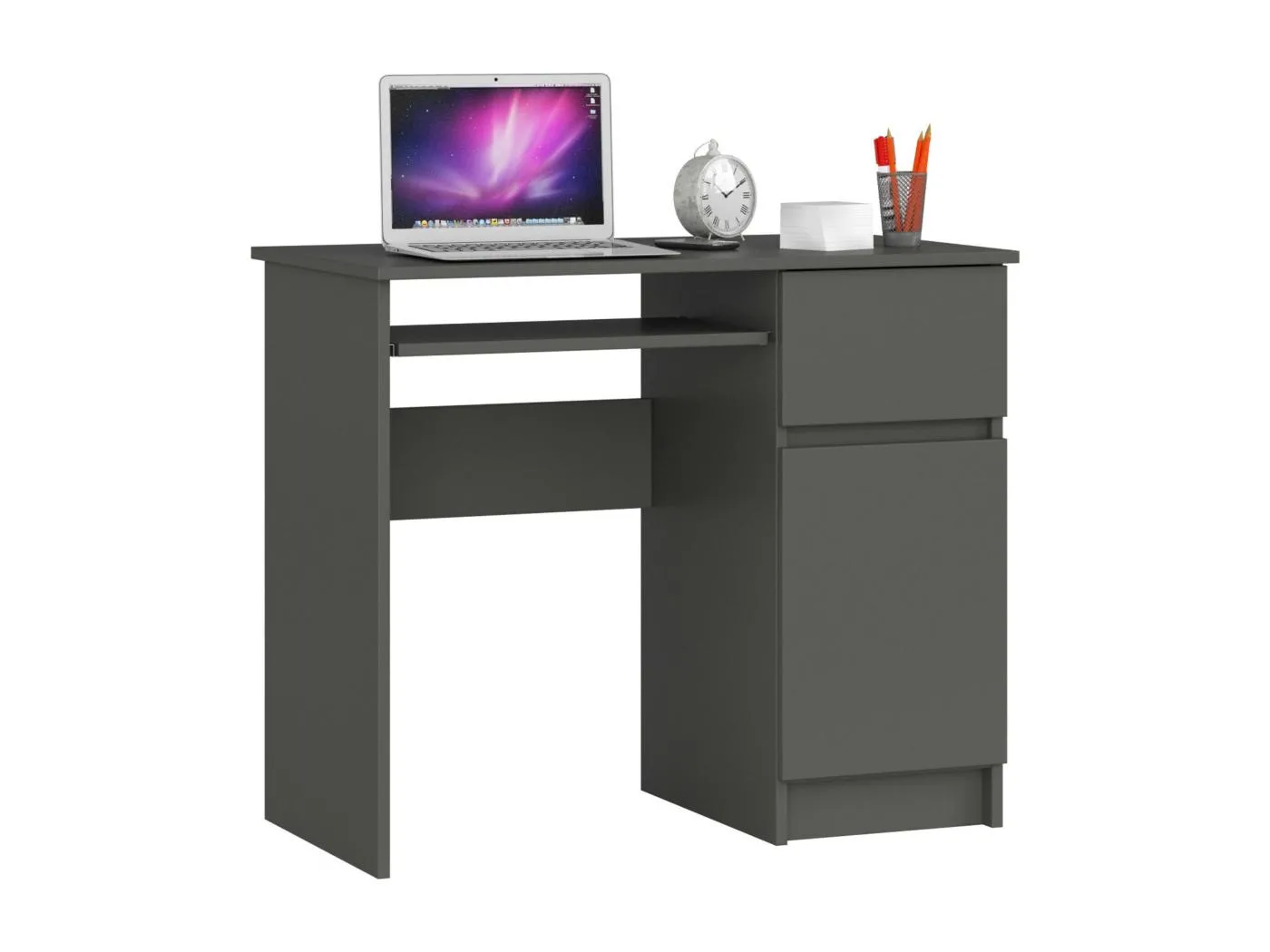 PC-Schreibtisch AKORD PIKSEL rechts in der Farbe Graphitgrau Schublade und 3 Ablagen B90 x H77 x T50 cm