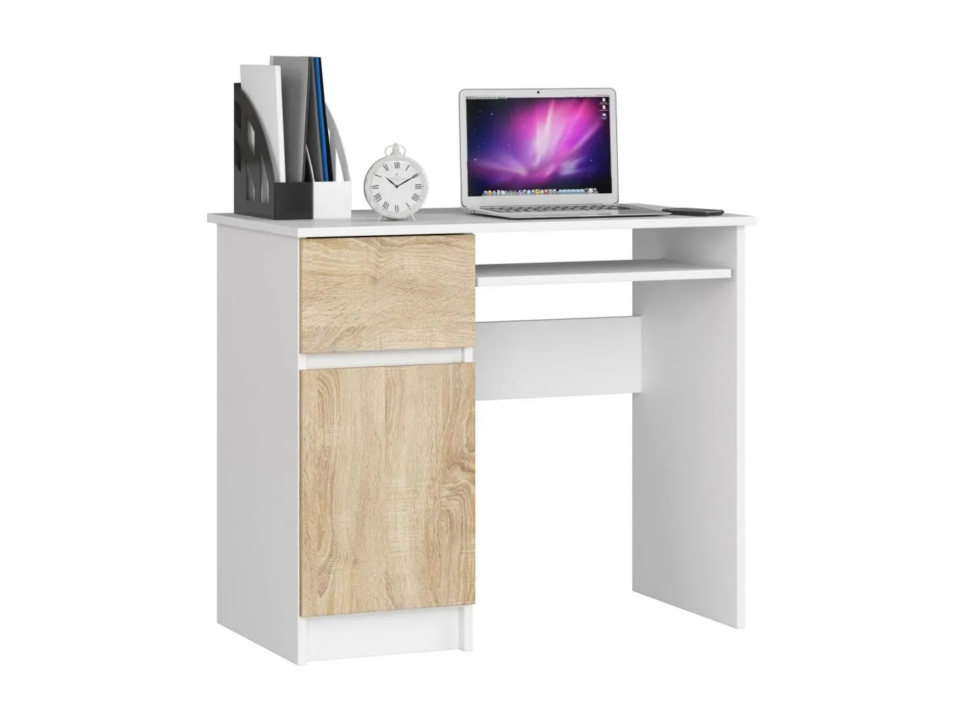 PC-Schreibtisch AKORD PIKSEL links in der Farbe Weiß Schublade Front Sonoma-Eiche und 3 Ablagen B90 x H77 x T50 cm