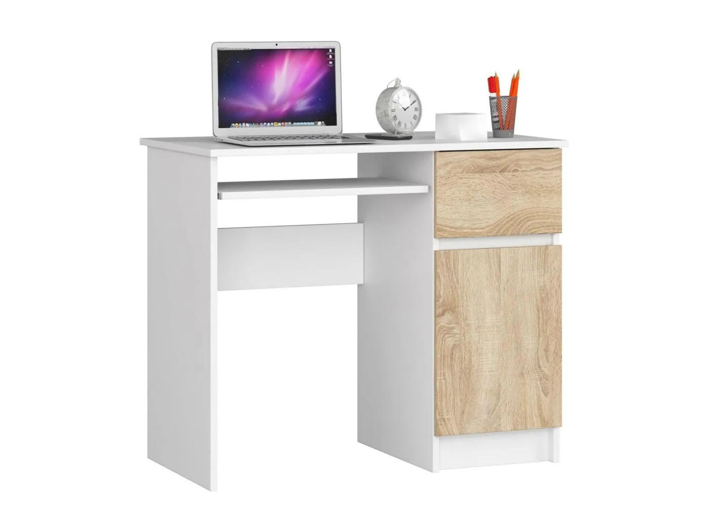 PC-Schreibtisch AKORD PIKSEL rechts in der Farbe Weiß Schublade Front Sonoma-Eiche und 3 Ablagen B90 x H77 x T50 cm