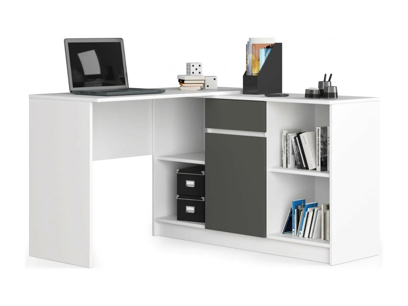 Eck-Schreibtisch AKORD B17 2-in-1 Kombination mit Kommode in der Farbe Weiß Schublade Front Graphitgrau und 6 Ablagen B120 x H79 x T126 cm