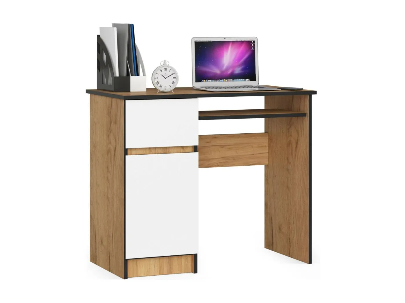 PC-Schreibtisch AKORD PIKSEL links in der Farbe Eiche Craft Schublade Front Weiß und 3 Ablagen B90 x H77 x T50 cm