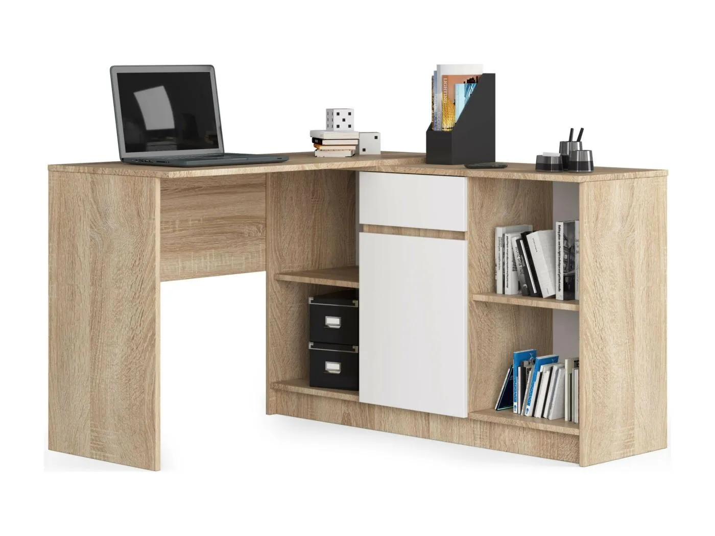 Eck-Schreibtisch AKORD B17 2-in-1 Kombination mit Kommode in der Farbe Sonoma-Eiche Schublade Front Weiß und 6 Ablagen B120 x H79 x T126 cm