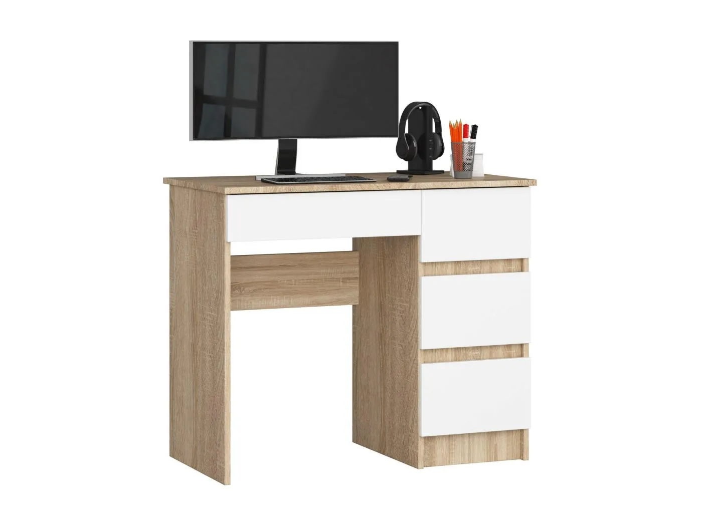 PC-Schreibtisch AKORD A7 rechts in der Farbe Sonoma-Eiche mit 4 Schubladen Front Weiß B90 x H77 x T50 cm