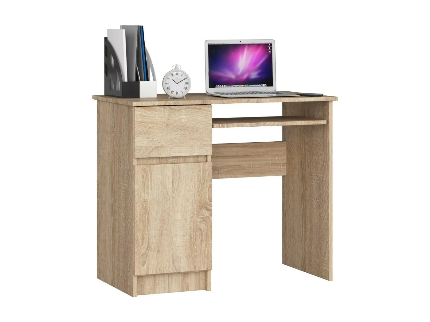 PC-Schreibtisch AKORD PIKSEL links in der Farbe Sonoma-Eiche Schublade und 3 Ablagen B90 x H77 x T50 cm