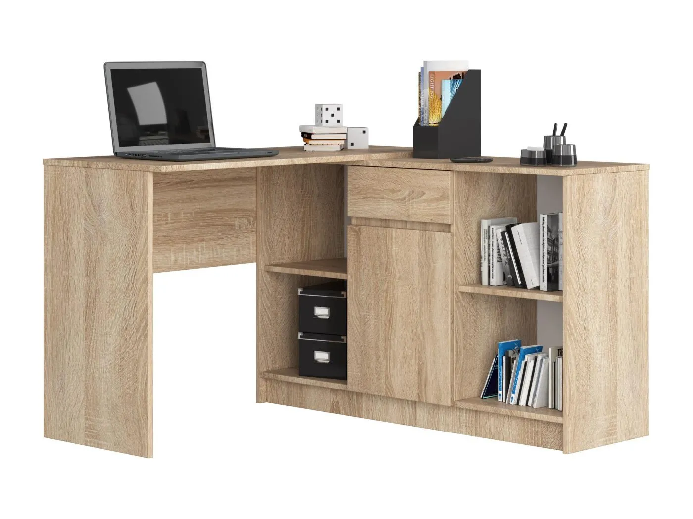 Eck-Schreibtisch AKORD B17 2-in-1 Kombination mit Kommode in der Farbe Sonoma-Eiche Schublade und 6 Ablagen B120 x H79 x T126 cm