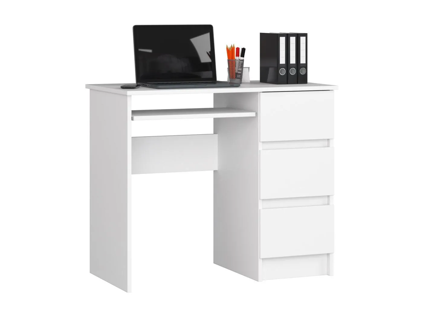PC-Schreibtisch AKORD A6 rechts in der Farbe Weiß mit 3 Schubladen und 1 Ablagen B90 x H77 x T50 cm