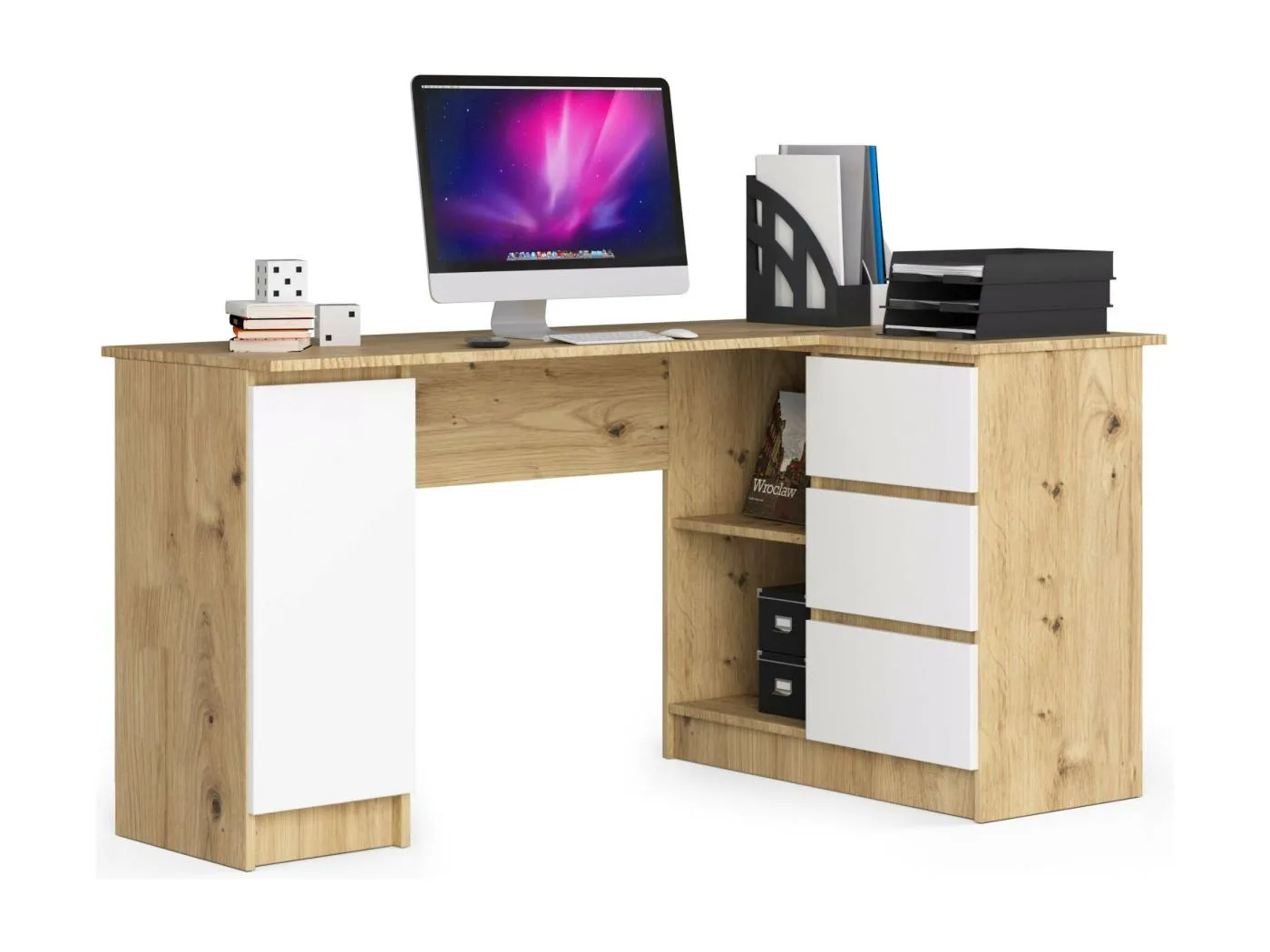 Eck-Schreibtisch AKORD B20 rechts in der Farbe Eiche Artisan mit 3 Schubladen Front Weiß und 4 Ablagen B155 x H77 x T85 cm