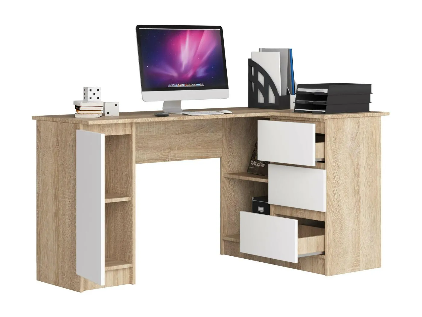 Eck-Schreibtisch AKORD B20 rechts in der Farbe Sonoma-Eiche mit 3 Schubladen Front Weiß und 4 Ablagen B155 x H77 x T85 cm