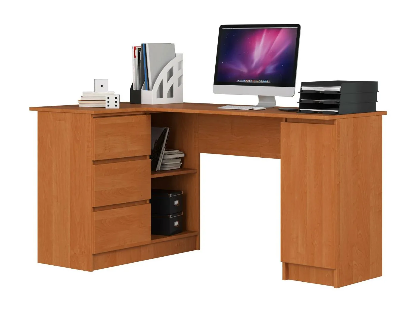 Eck-Schreibtisch AKORD B20 links in der Farbe Erle mit 3 Schubladen und 4 Ablagen B155 x H77 x T85 cm