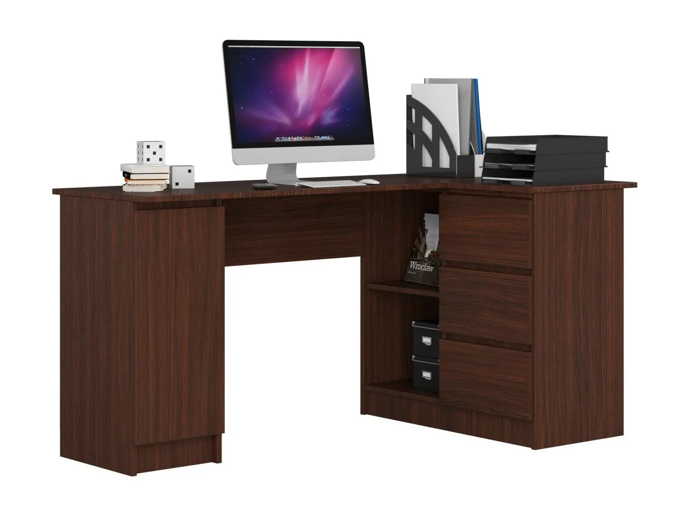 Eck-Schreibtisch AKORD B20 rechts in der Farbe Wenge mit 3 Schubladen und 4 Ablagen B155 x H77 x T85 cm