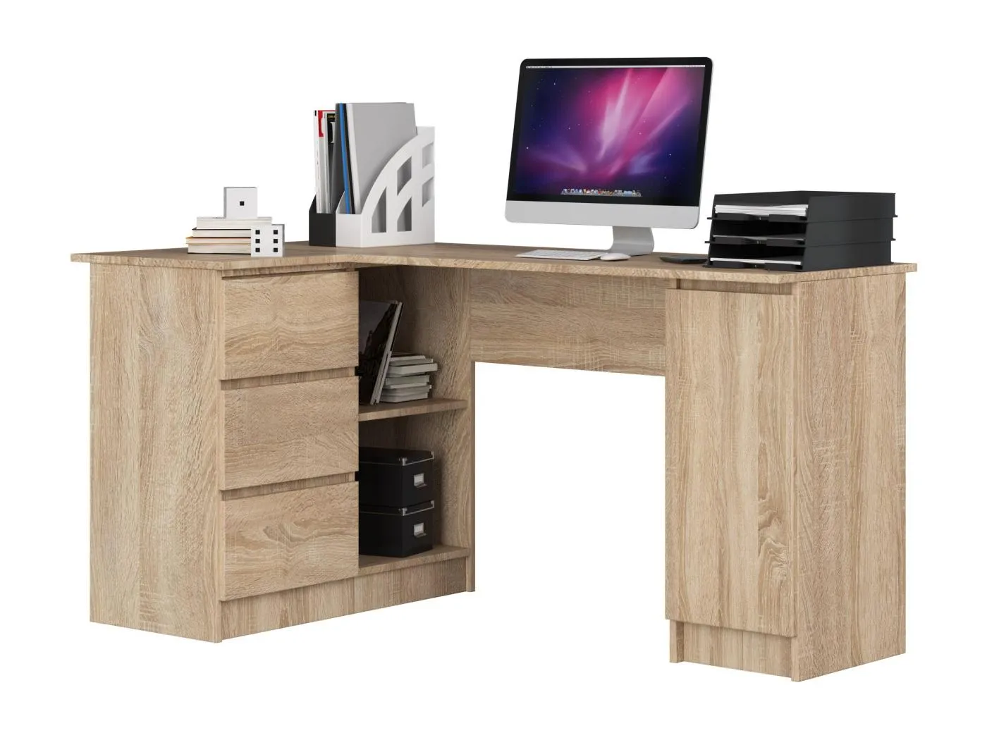 Eck-Schreibtisch AKORD B20 links in der Farbe Sonoma-Eiche mit 3 Schubladen und 4 Ablagen B155 x H77 x T85 cm
