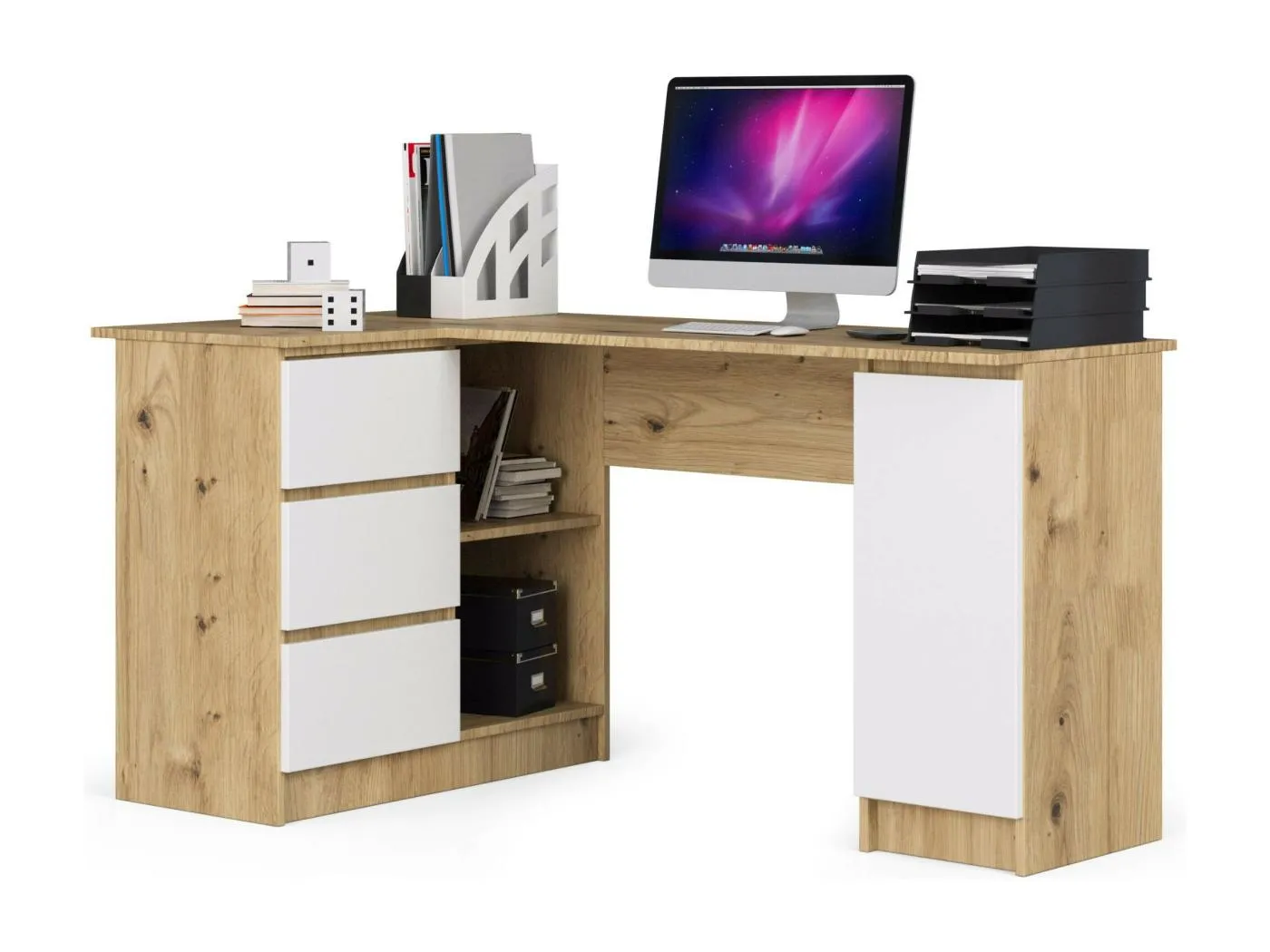 Eck-Schreibtisch AKORD B20 links in der Farbe Eiche Artisan mit 3 Schubladen Front Weiß und 4 Ablagen B155 x H77 x T85 cm