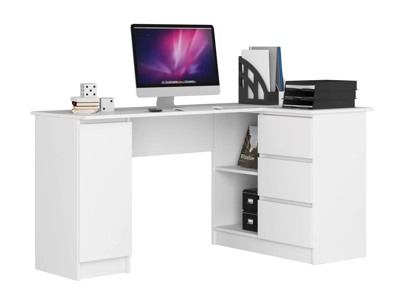 Eck-Schreibtisch AKORD B20 rechts in der Farbe Weiß mit 3 Schubladen und 4 Ablagen B155 x H77 x T85 cm