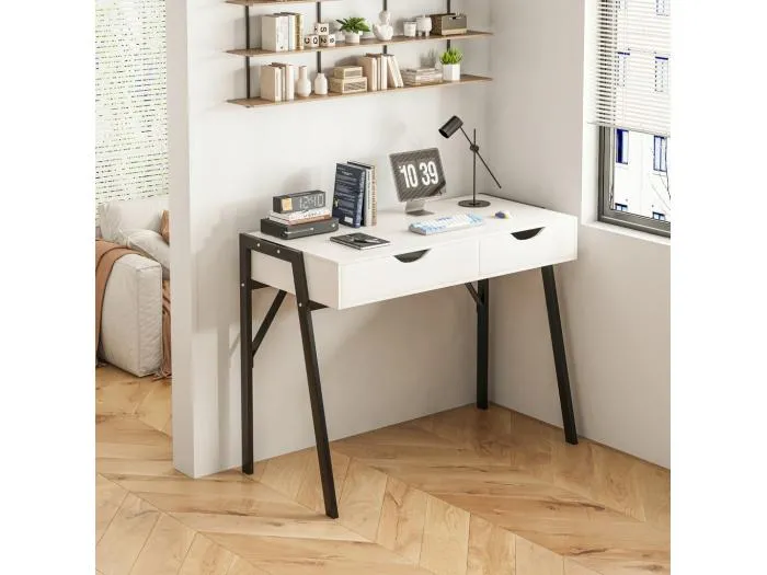 Moderner Schreibtisch mit Schubladen, weiß, auf schwarzen Beinen, 80 cm