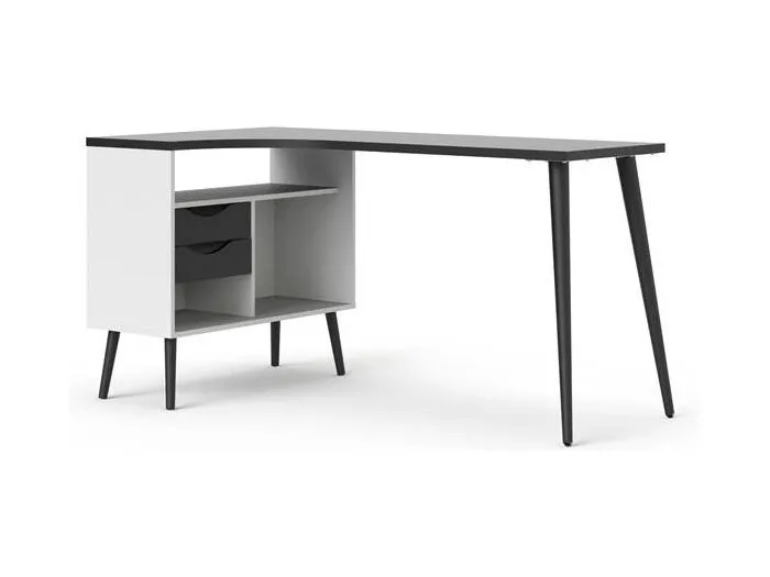 Napoli Eckschreibtisch mit 2 Schubladen und 3 Ablagen in weiß und matt schwarz.