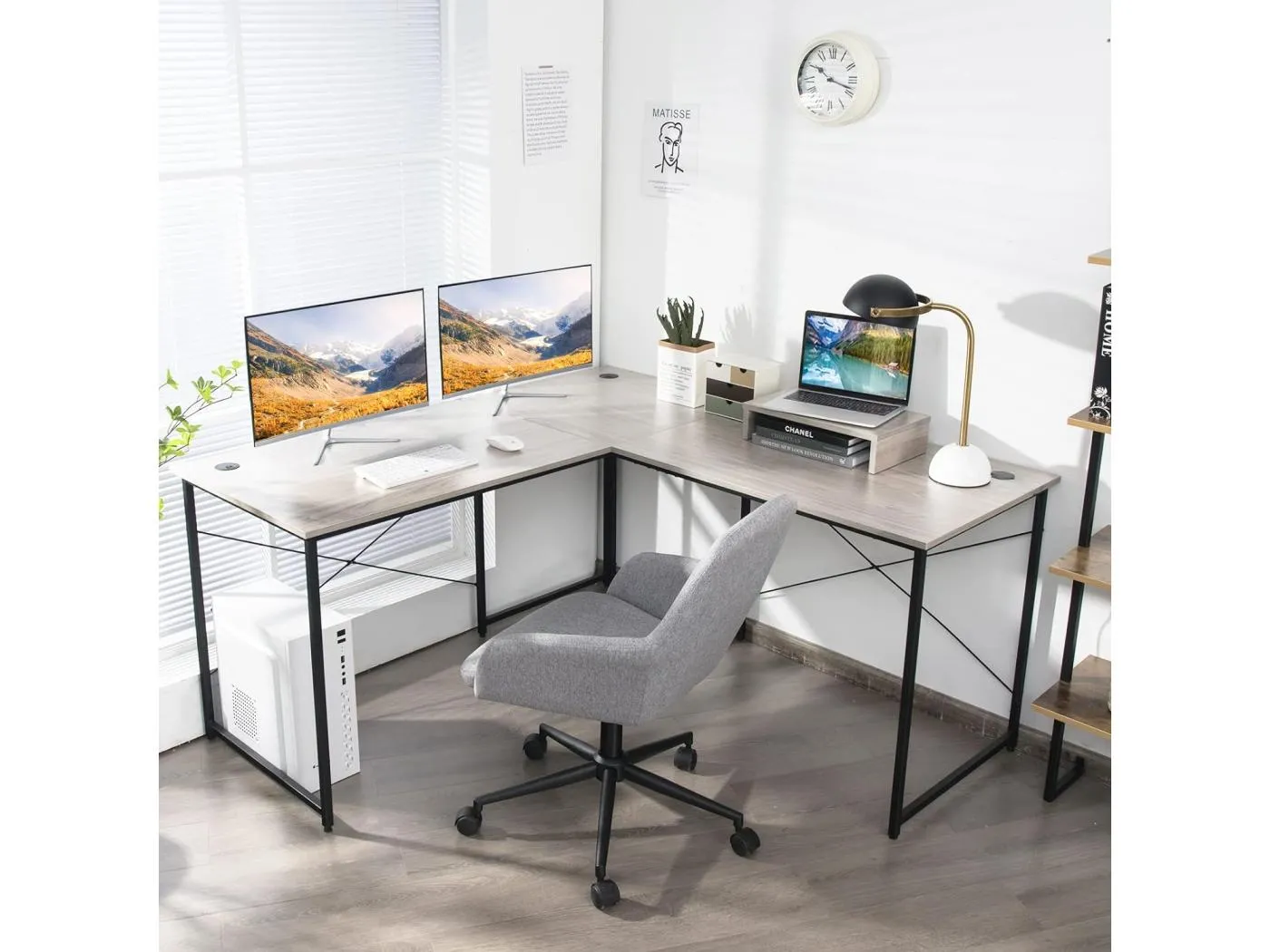 L-Form Schreibtisch mit Monitorständer & 3 Kabellöchern reversibler Eckschreibtisch Hellgrau