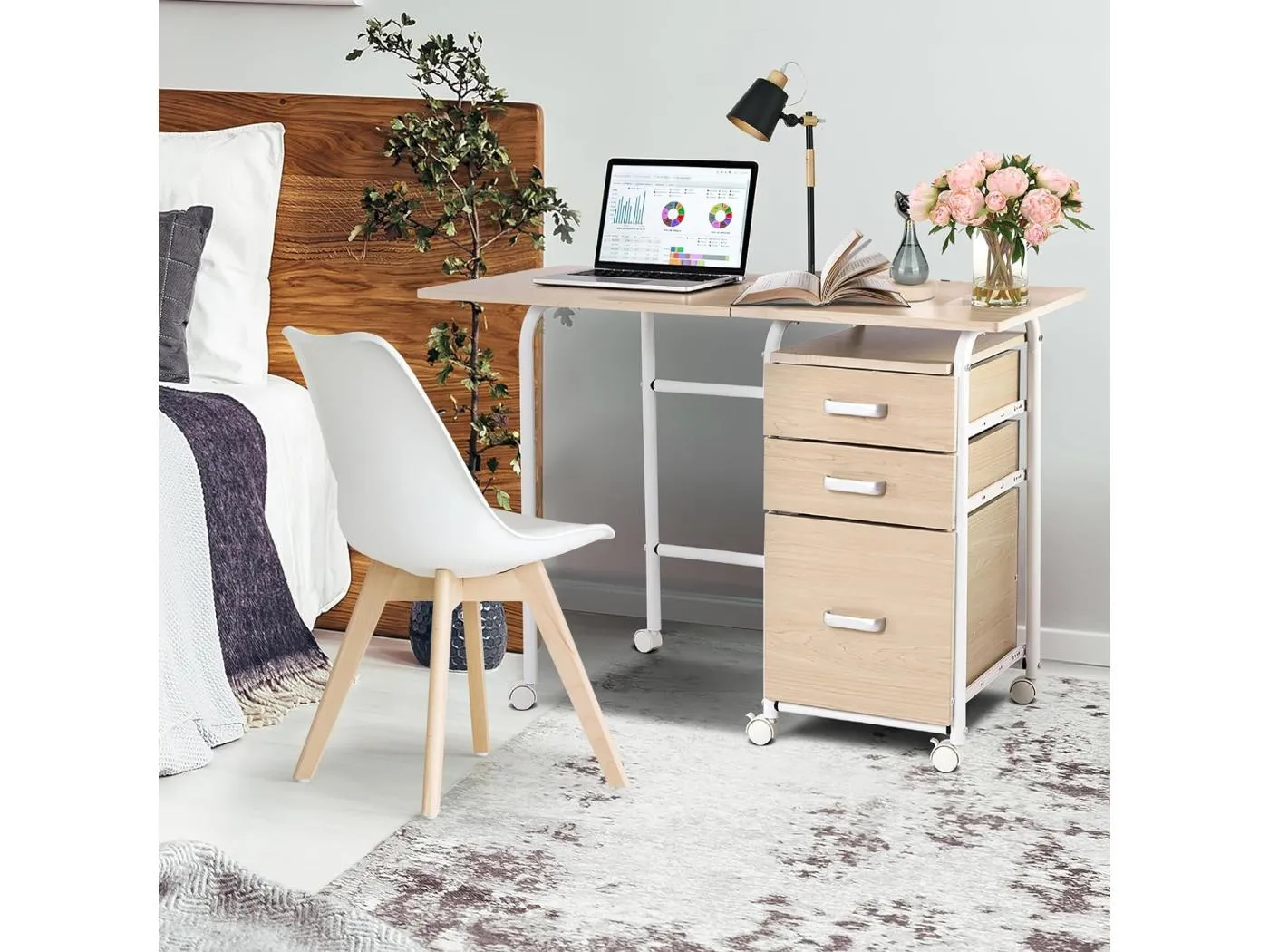 Klappbarer Computertisch mit 3 Schubladen Schreibtisch 105 x 50 x 75 cm Natur