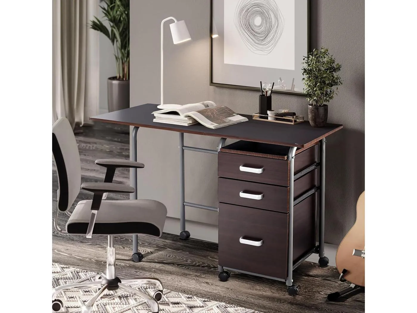 Klappbarer Computertisch Rollender Bürotisch mit Metallrahmen 105 x 50 x 75 cm Braun