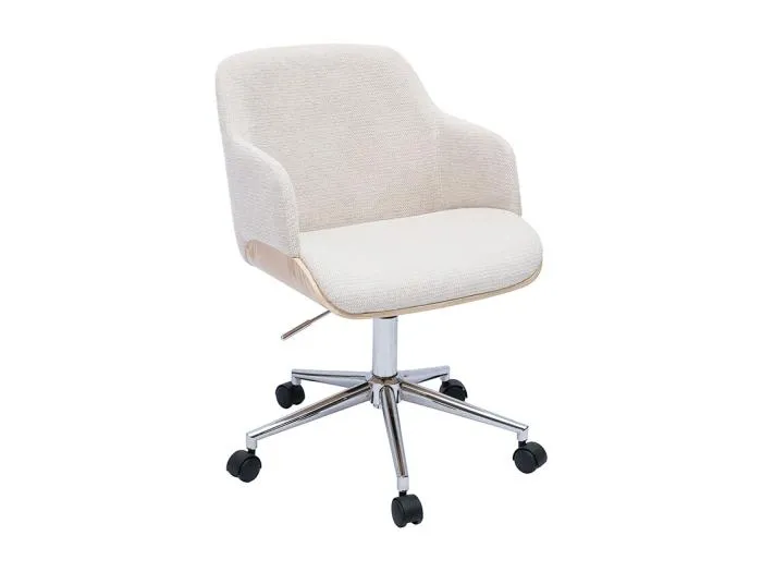 Rollender Bürostuhl aus beigem Samtstoff, hellem Holz und verchromtem Metall EARL