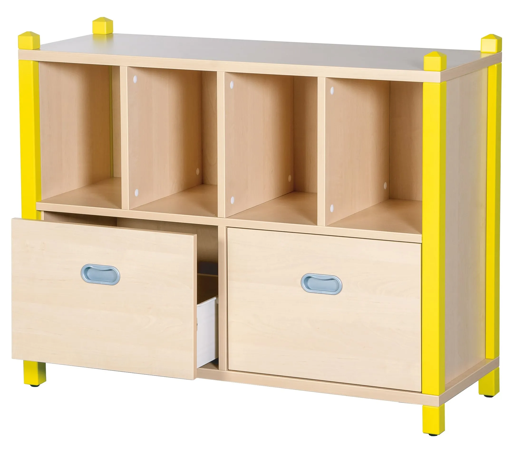 Materialschrank mit zwei hohen Dekorschüben und Fächern