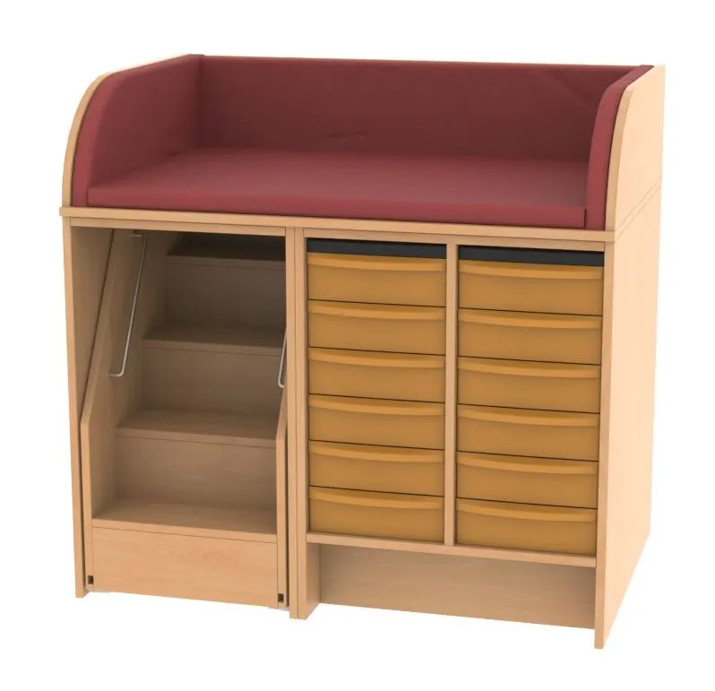 Baum & Hien Wickelkommode mit 12 flachen Aufbewahrungsboxen und ausziehbarer Treppe