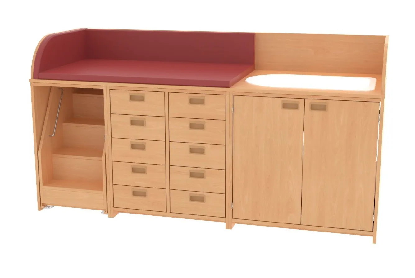 Baum & Hien Wickelkommode mit Badewanne, 10 Schüben, 2 Türen und ausziehbarer Treppe