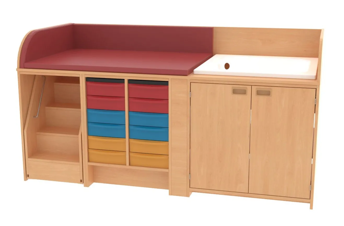Baum & Hien Wickelkommode mit Duschwanne, 12 flachen Aufbewahrungsboxen, 2 Türen und ausziehbarer Treppe