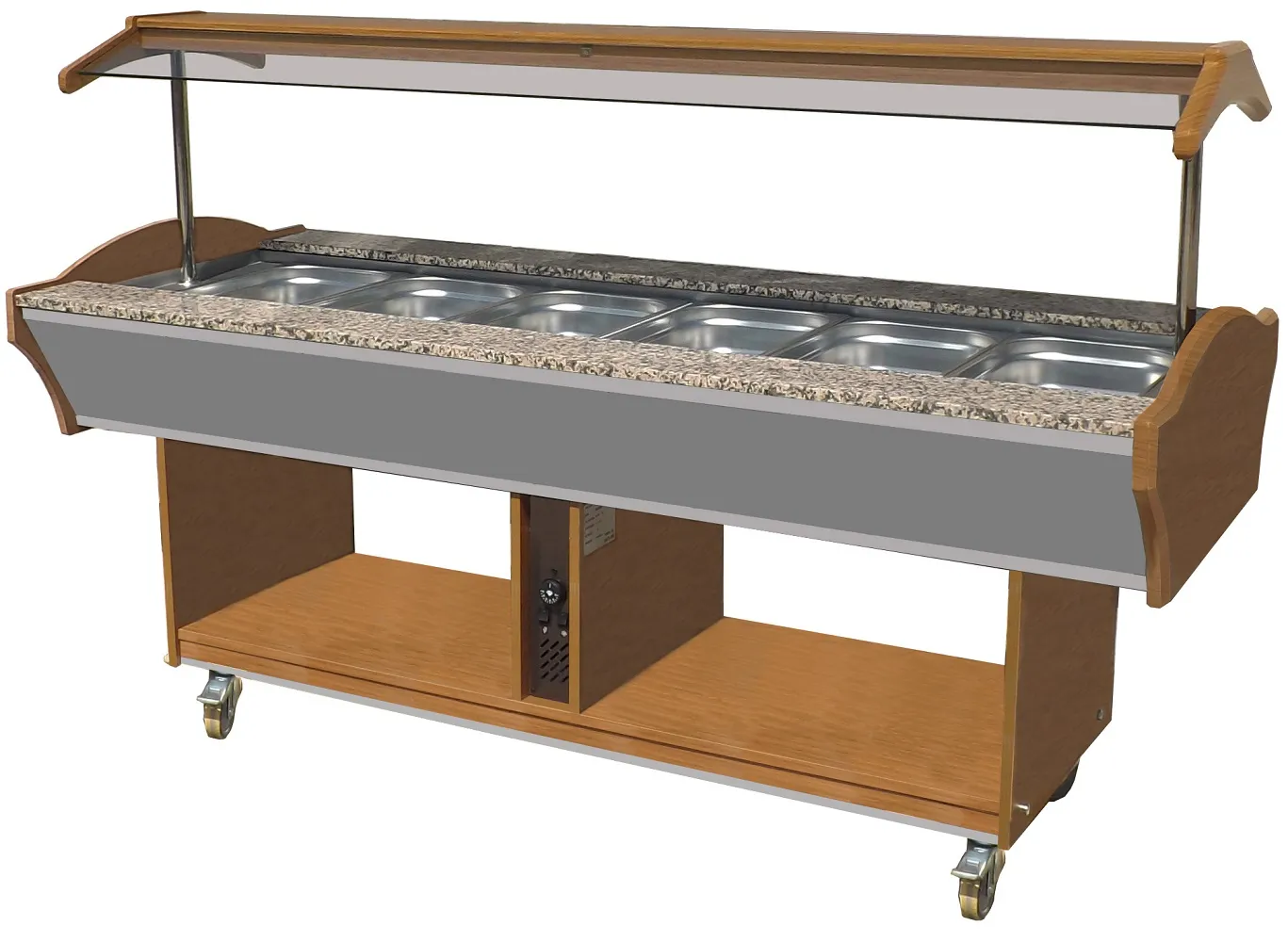 Buffet Wärmetheke MORRIS auf Rollen | LED | 6/1 GN | HxBxT 85/135x220x90cm | +30/+90°C | Braun