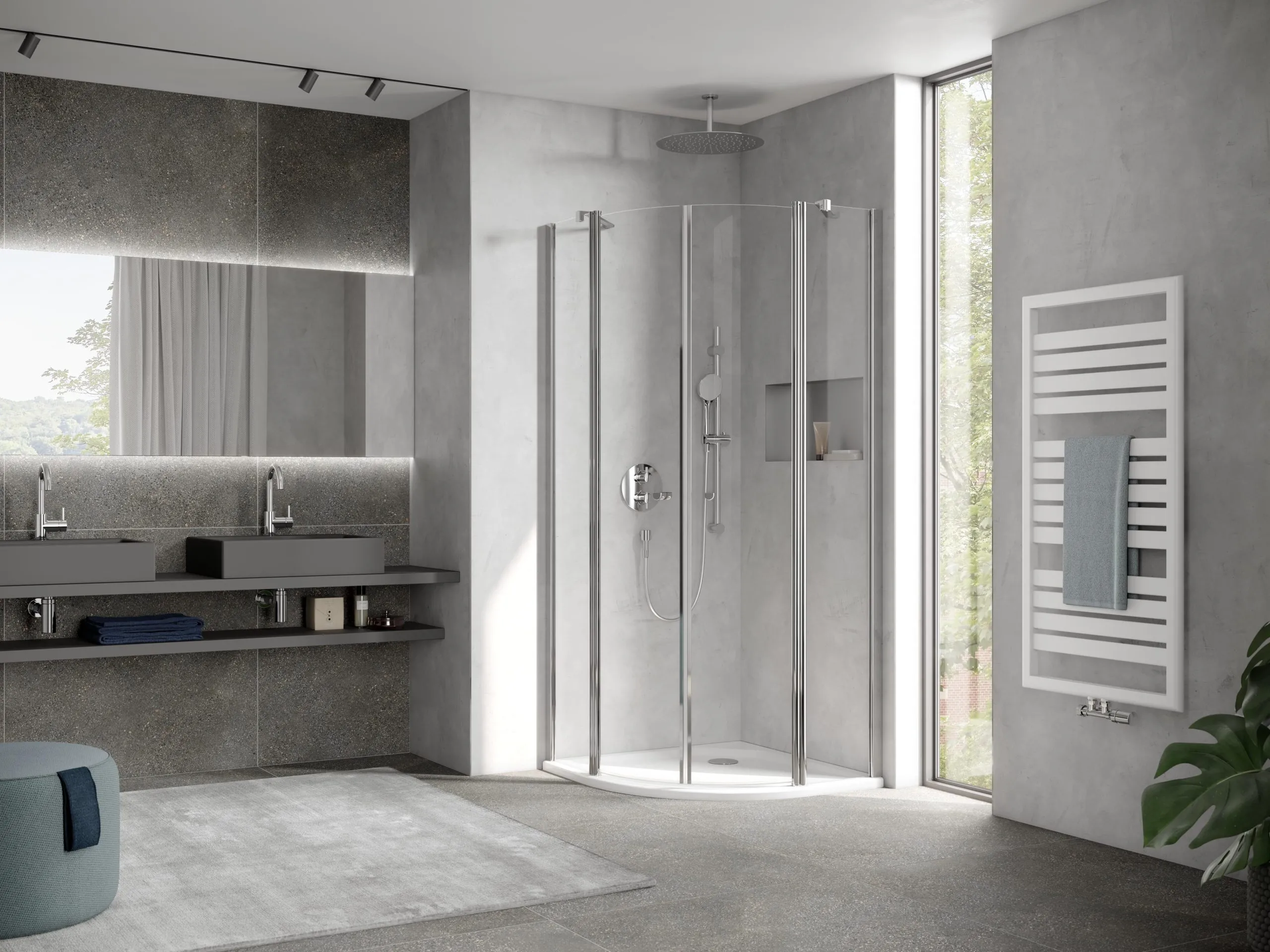 HSK teilgerahmte Runddusche pendelbar 4-teilig „Exklusiv 2.0“ Glas Klar hell, Profile Alu Silber-matt, Sondergröße