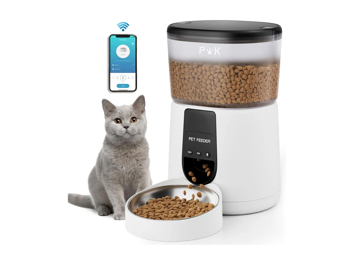 WiFi Automatischer Katzenfutterspender mit App, 4L 2,4G WiFi Katzen- und Hundefutterspender, APP-Steuerung, mit Edelstahlnapf