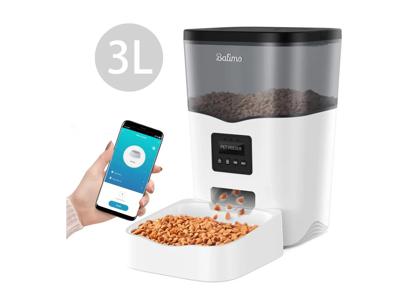 3L WIFI Katzen-/Hundefutterspender, LCD-Handy-Fernbedienung, Netzteil/Batterie, 10 Mahlzeiten pro Tag - APP-Steuerung, Schwarz