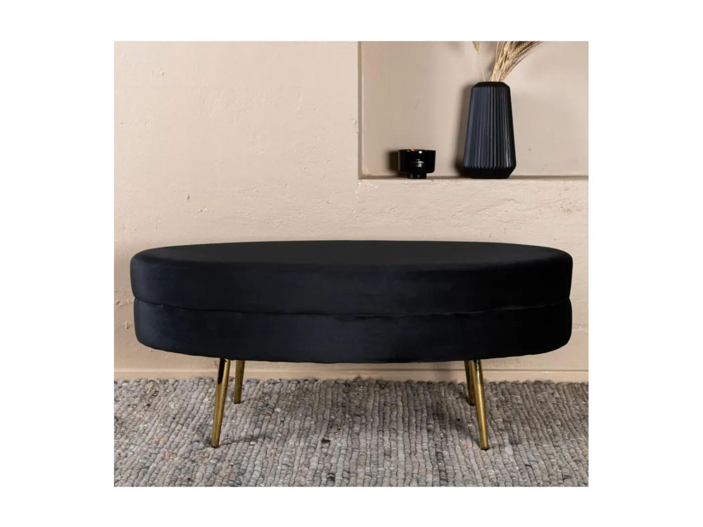 Otto Pouf, Hocker Velour schwarz, Messing.