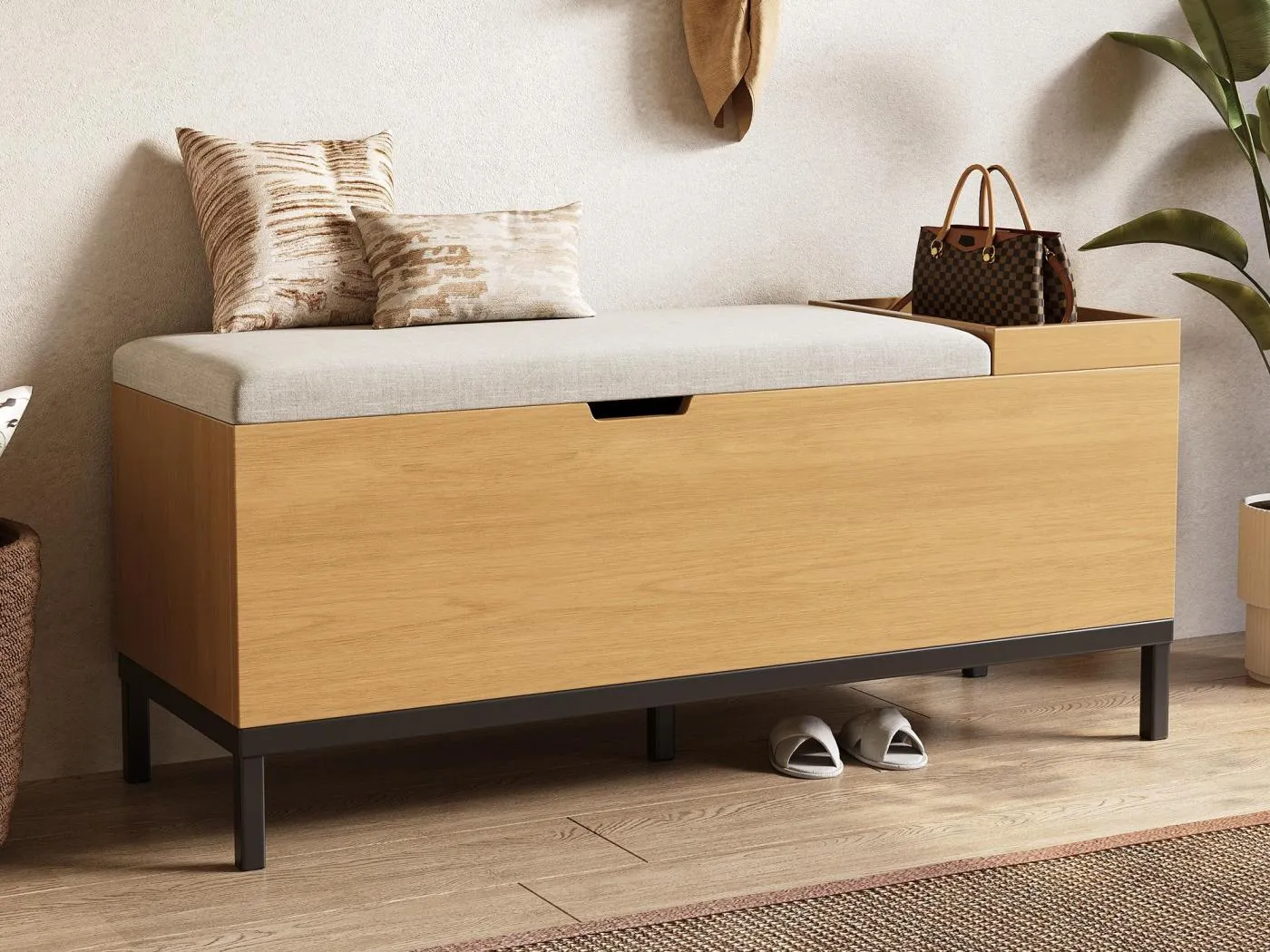 Aufbewahrungsbank 115x40x49.5cm - Leinenkissen - mit Regalbrettern - MDF - Natur + Grau