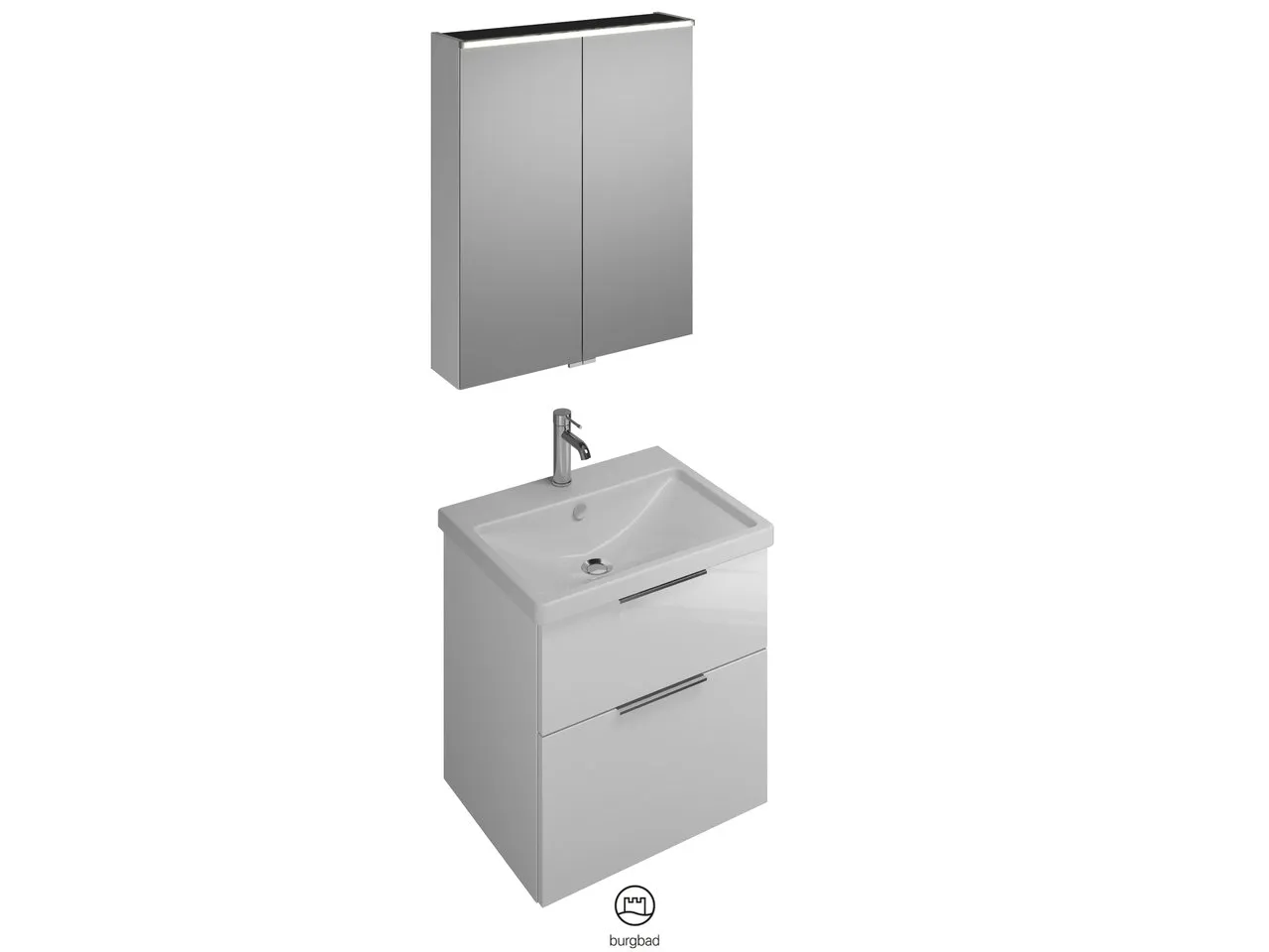 burgbad Badmöbelset Keramik-Waschtisch inkl. Waschtischunterschrank und Spiegelschrank „Eqio“ 65 cm Griff, Chrom (230 mm), in Weiß Hochglanz