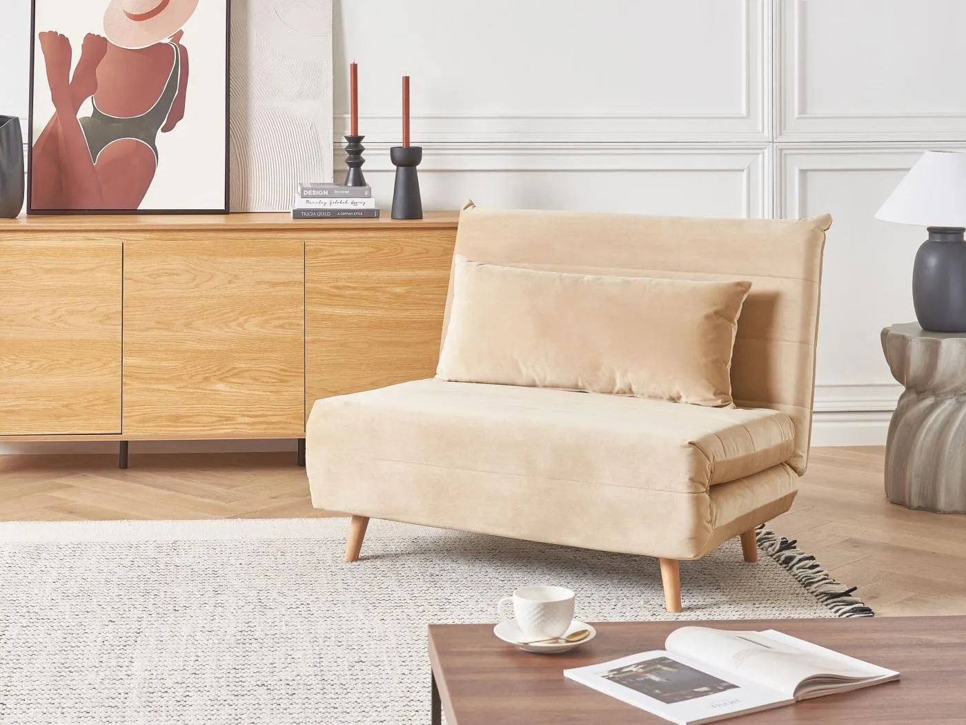 1-Sitzer Schlafsofa Samt beige mit Holzbeinen Kissen verstellbare Lehne Setten