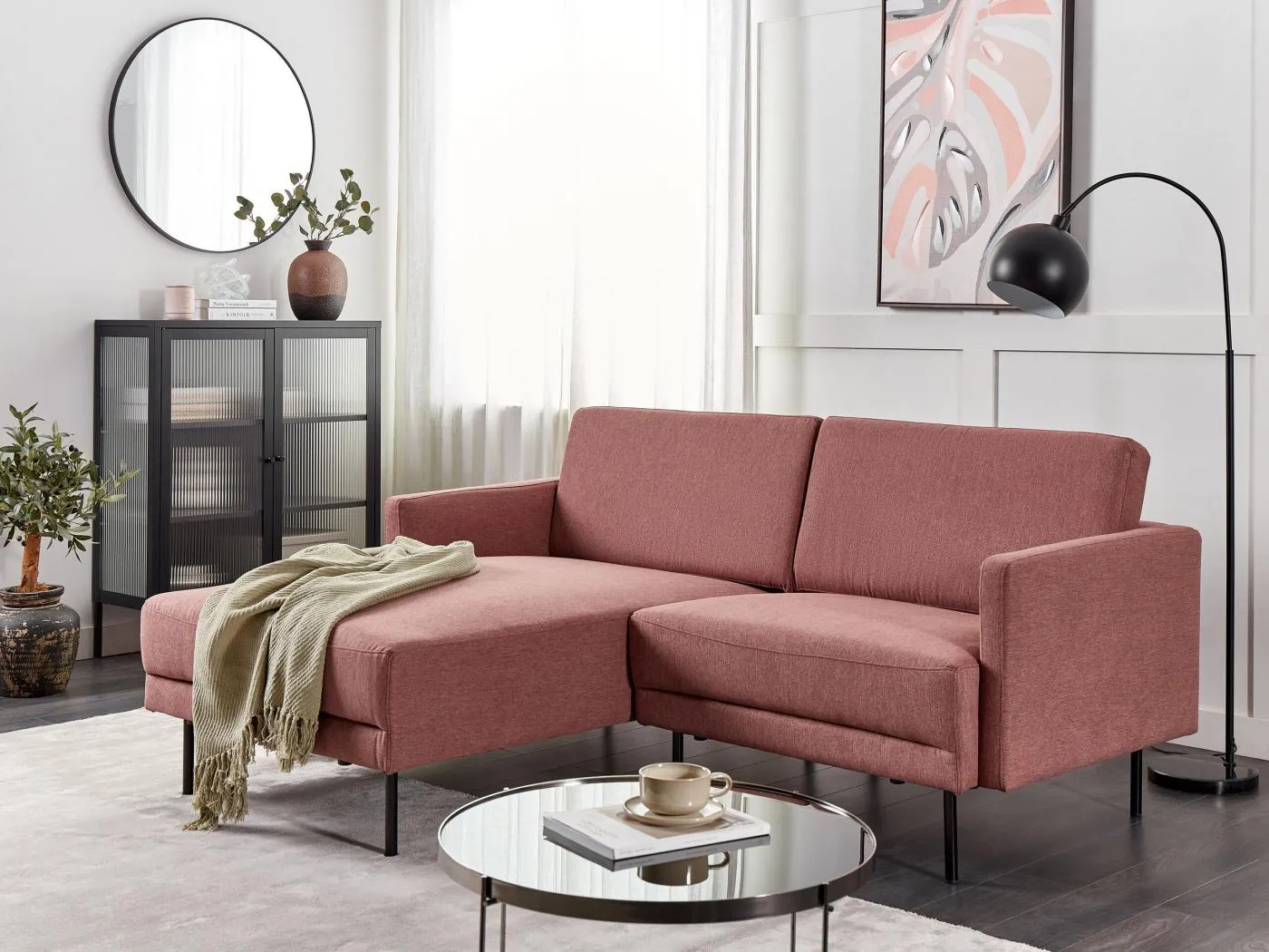 2-Sitzer Ecksofa mit hohen Metallbeinen rosa rechtsseitig Glamour Modern Breda