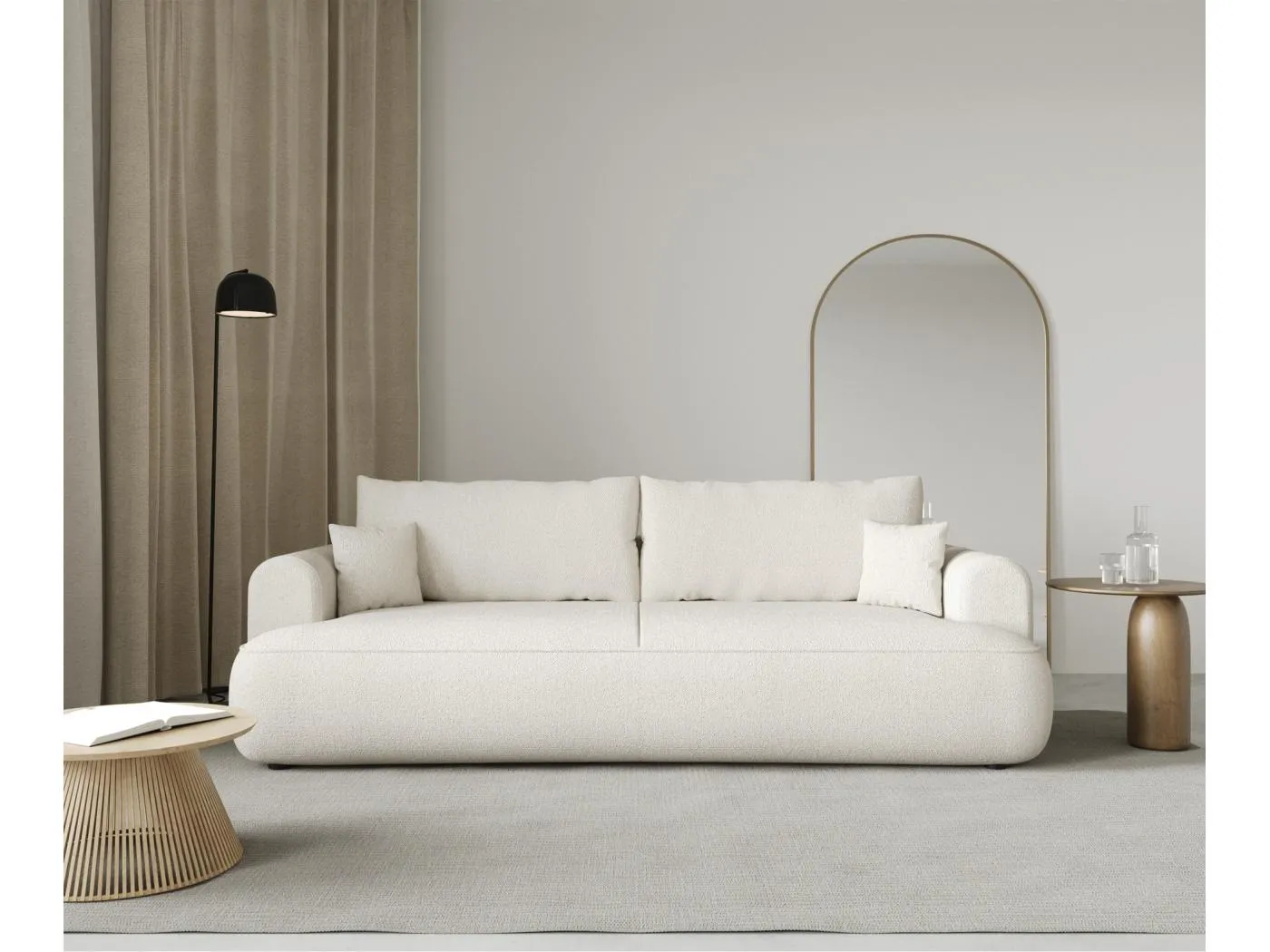 3-Sitzer Schlafsofa mit Bettkasten - Chenille-Bezug in Creme - OVO