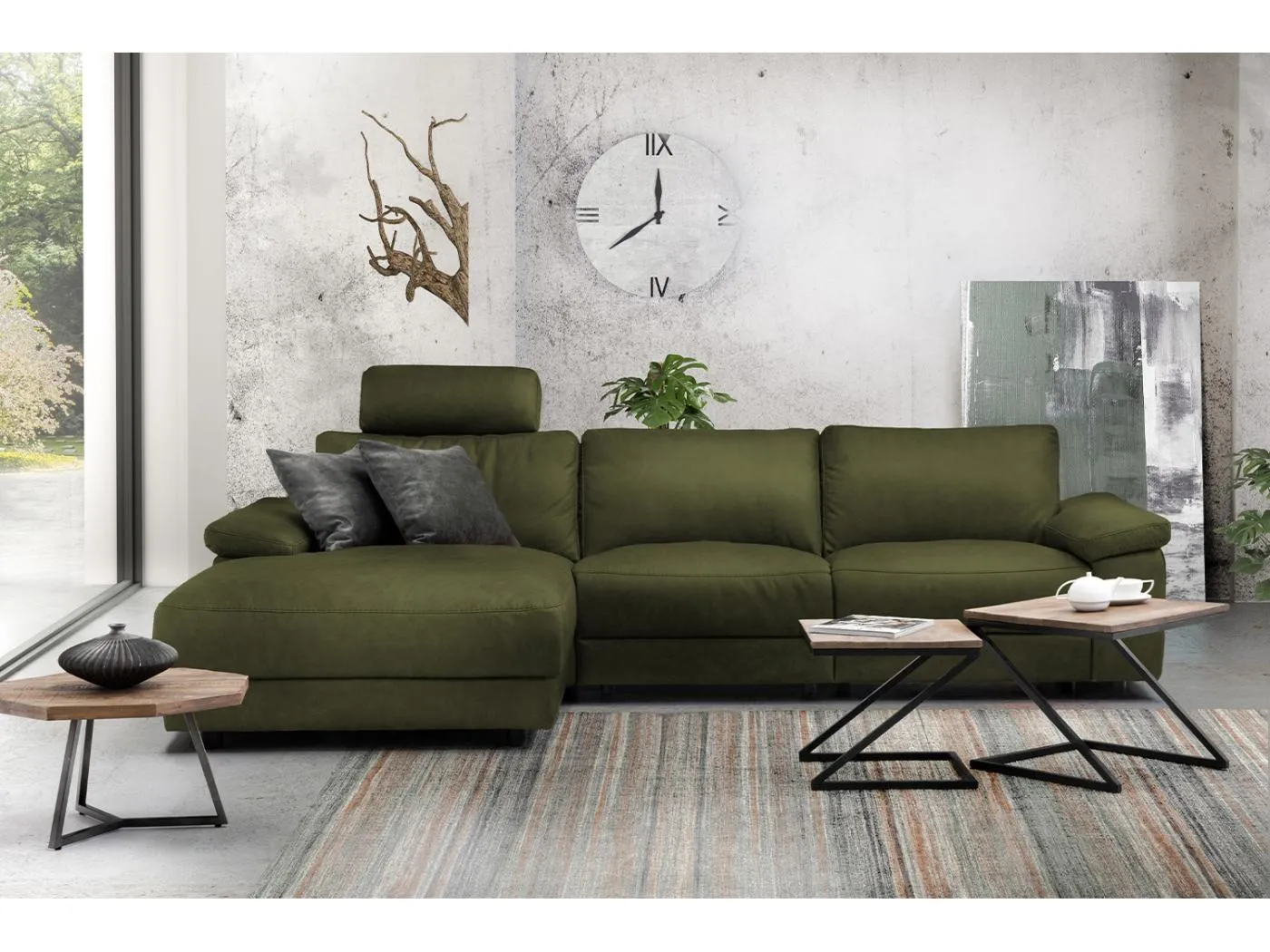 Ecksofa - Dunkelgrün Webstoff - LOLA