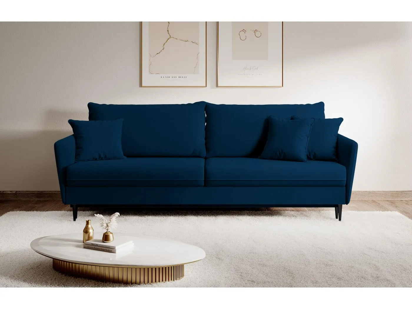 3-Sitzer Schlafsofa - Schlafcouch Bettkasten dunkelblau hydrophober Samt mit schwarzen Beinen - VOLIO