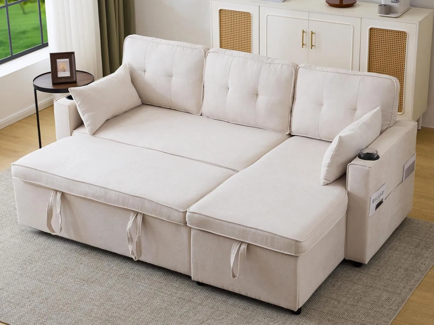 3-Sitzer-Umwandelsofa – aus Baumwolle – mit Truhe und Getränkehalter – Beige