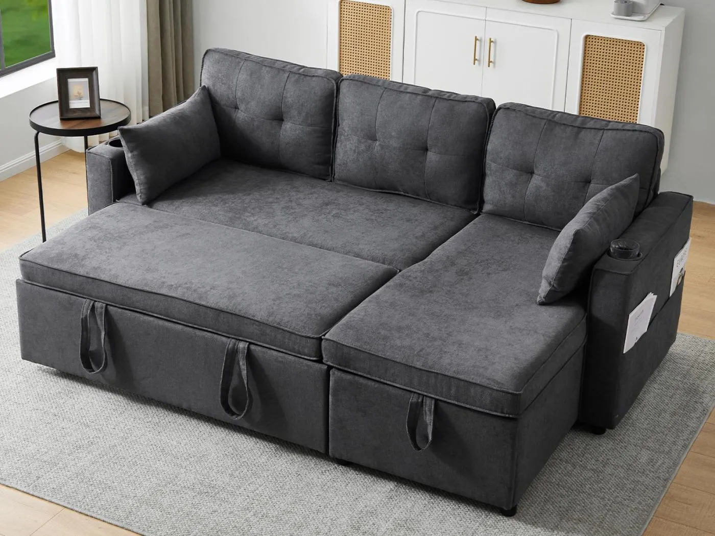 3-Sitzer-Umbausofa – aus Baumwolle – mit Truhe und Getränkehalter – Grau