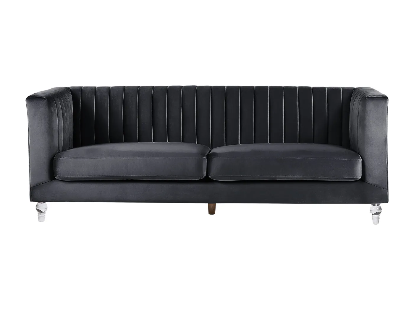 3-Sitzer Sofa Samtstoff schwarz gesteppt mit Acryl-Füßen dicke Sitzkissen Arvika