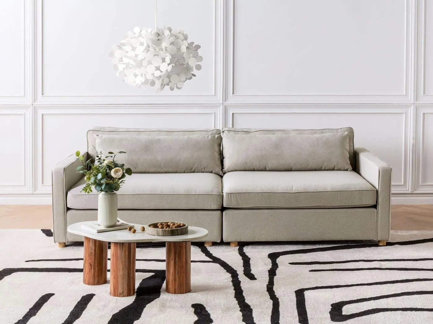 3-Sitzer Sofa Stoff beige mit schmalen Armlehnen Sitzkissen modern Vinstra