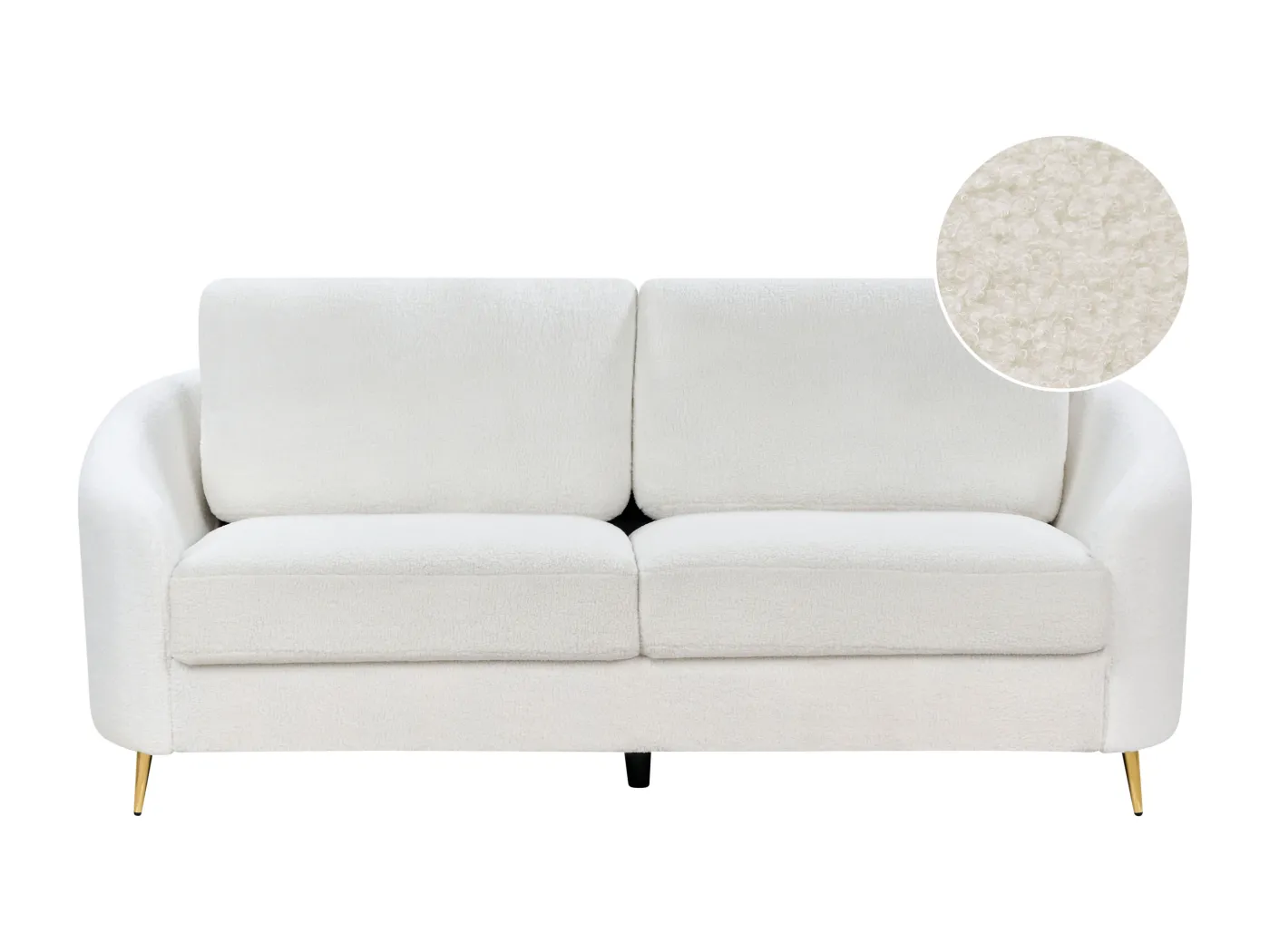 3-Sitzer Sofa Bouclé weiß mit Armlehnen goldenen Füßen glamourös modern Trosa
