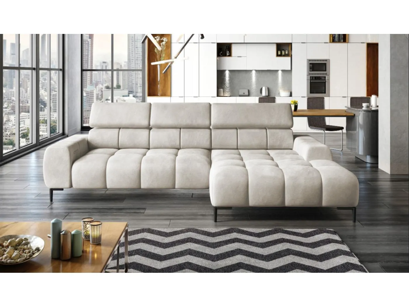 PlazaMINI Polsterecke L-Form Rechts, Ecksofa mit Schlaffunktion, 3-Sitzer, verstellbare Kopfstützen, Stoff: SALVADOR, 177x270x99 cm, Beige Creme